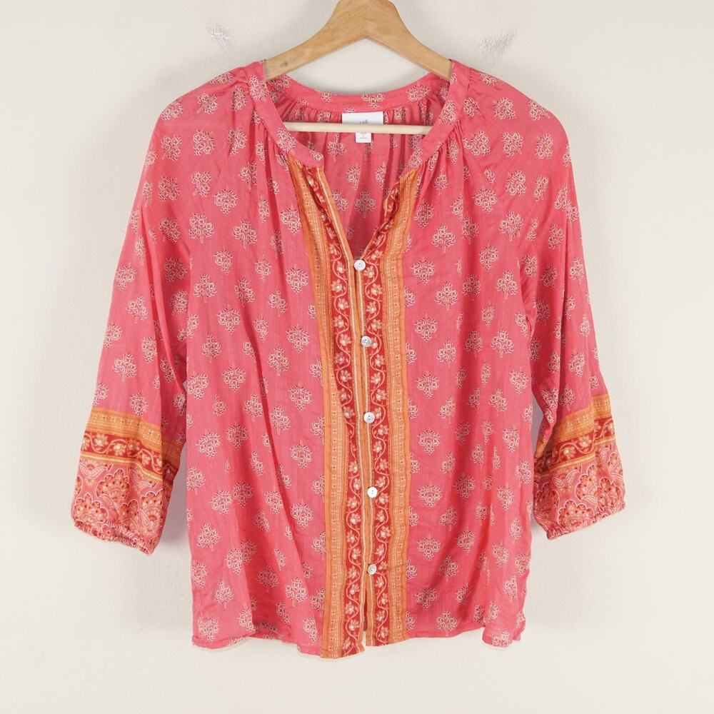 J Jill Broder Printed Pink 3/4 Sleeve Button Tunic Blouse Womens Sz S Petite